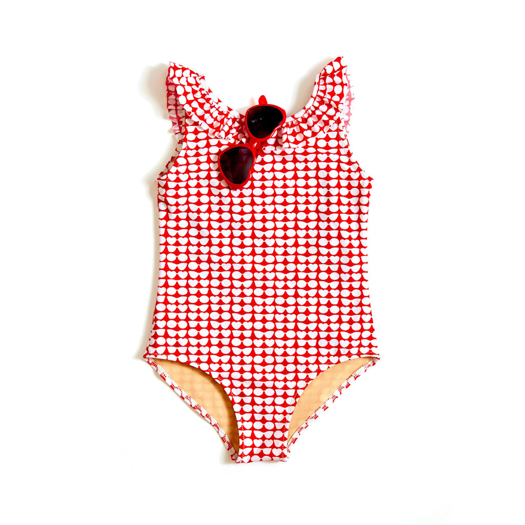Girl’s One-Piece Swimsuit Ruffled Red Sunglasses