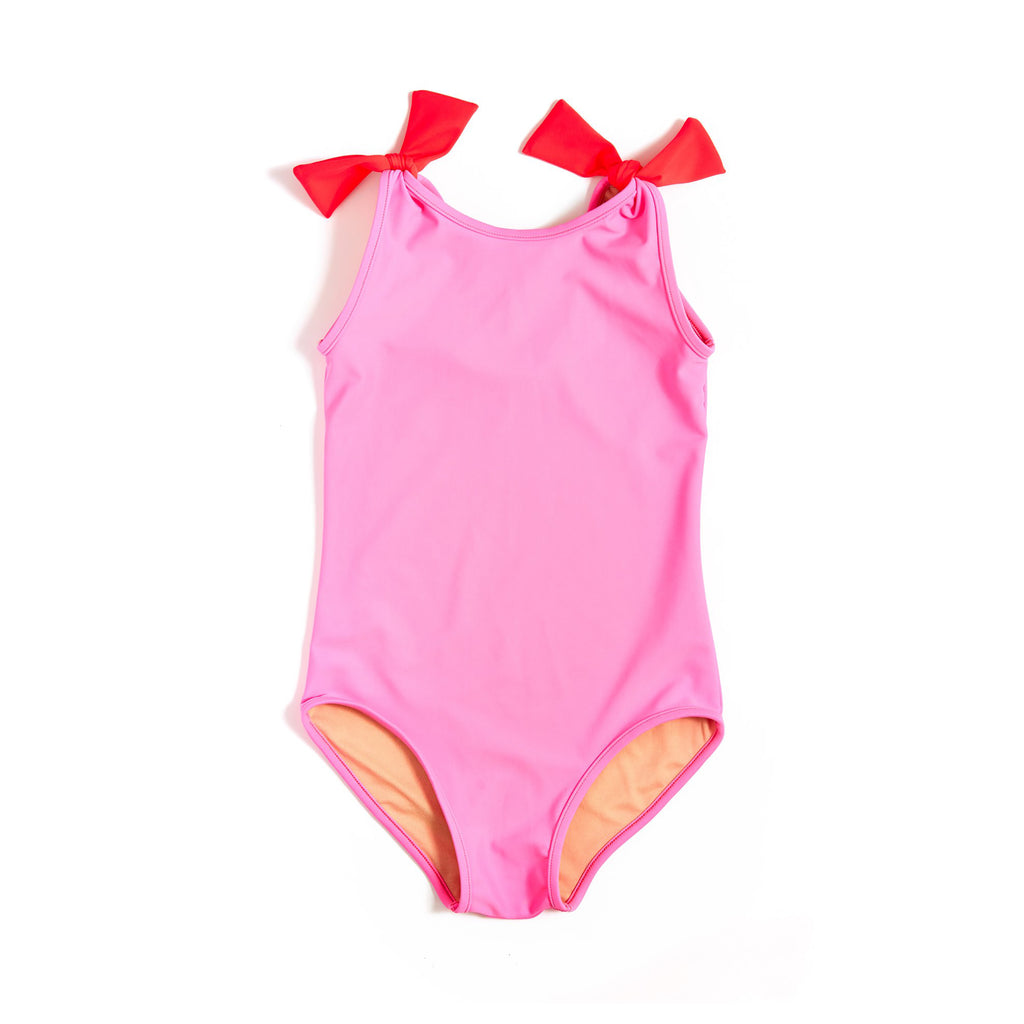 Girl’s Tie-Shoulder One-Piece Swimsuit Palm Beach Pink + Riviera Red