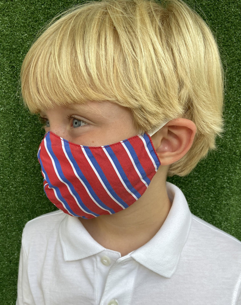 child mask with red and blue stripes