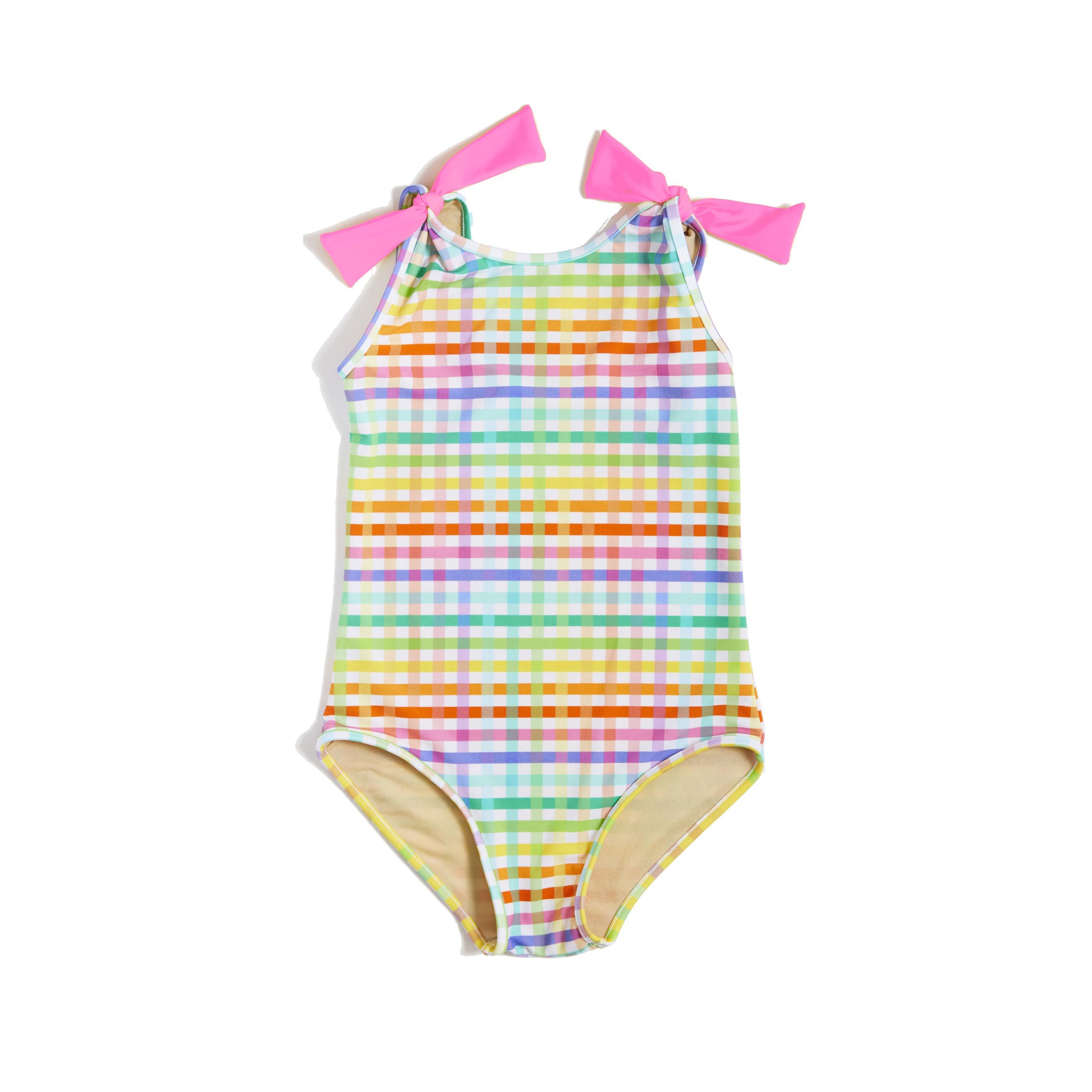 Girl's Swimsuit One-Piece Tie-Shoulder Rainbow Gingham