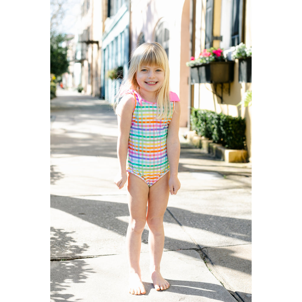 Girl’s Tie-Shoulder One-Piece Swimsuit Rainbow Gingham