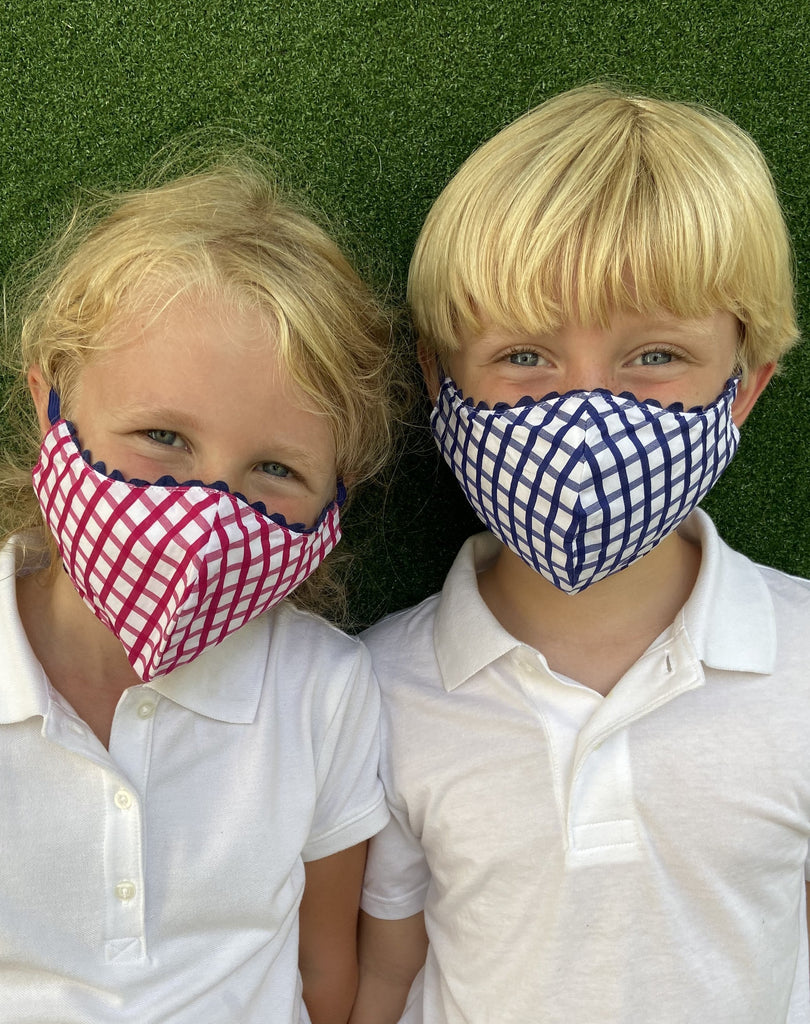 Child masks with navy and pink windowpane