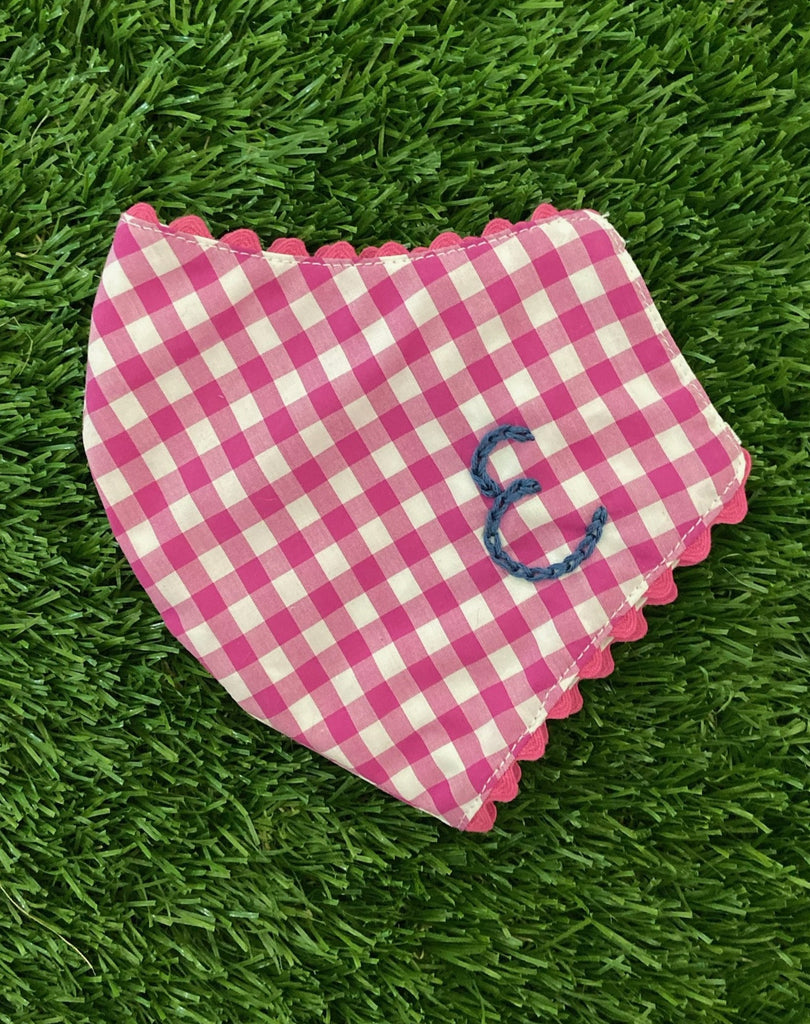 pink gingham mask with stitched letter